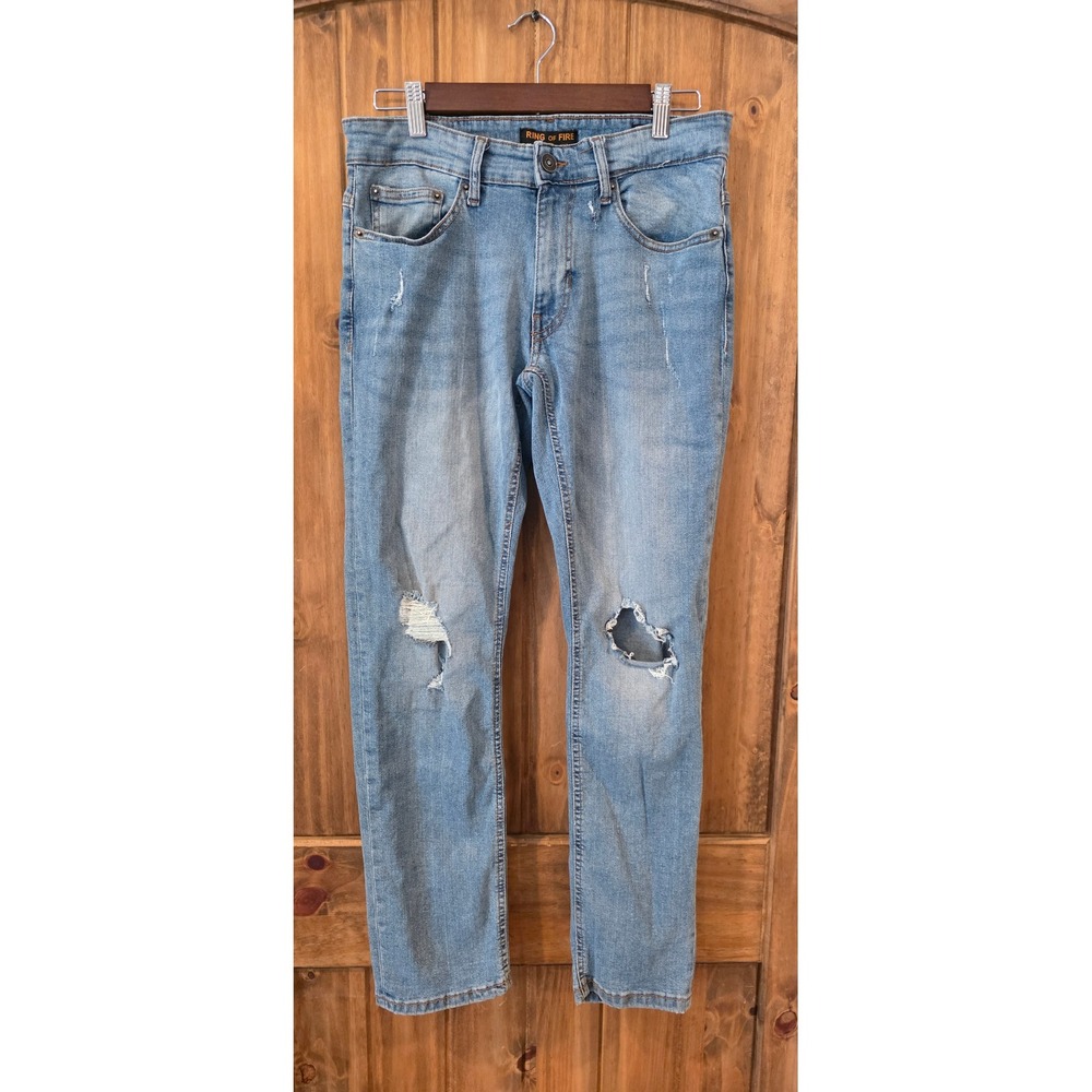 Ring of Fire Slim Jeans Women W31 L30 Light Blue Excellent Distressed Ripped Kne